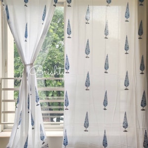 Blue floral hand printed curtains with border, Blue white sheer floral curtain panels, calming light breezy curtains, white bedroom curtains