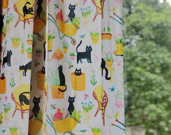 Vorhänge mit schwarzem Katzen- und Pflanzendruck für Katzenliebhaber und Scandi-Hygge-Boho-Dekor-Liebhaber