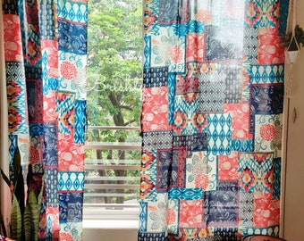 Eclectic Boho Curtain Set, Colorful Patchwork Cotton Panels