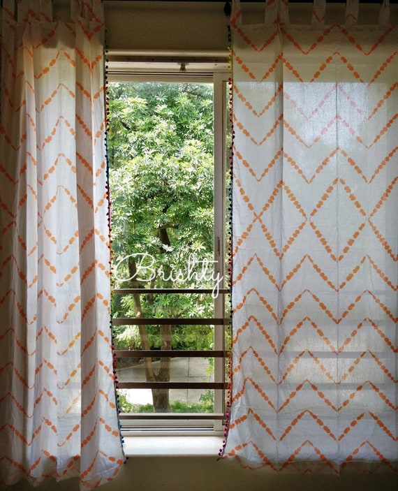 Two panels tie dyed zig zag soft orange curtains light and | Etsy