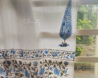 Blue floral hand printed curtains with border, Blue white sheer floral curtain panels, block printed drapes