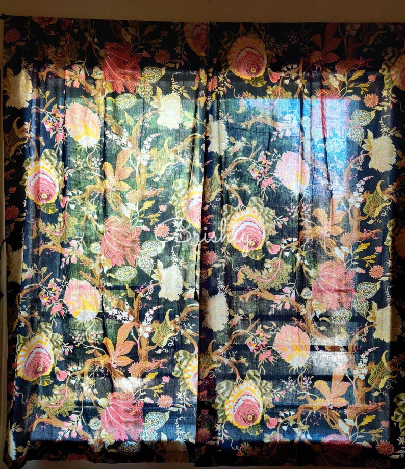 Black vintage style floral cottage curtains, bold botanical curtains with tie backs, shabby chic drapes, can be customised 画像 5