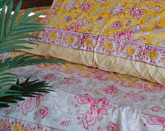 Colorful floral hand block printed queen size bedsheet in yellow and pink, both flat and fitted sheets, floral bedding with matching shams