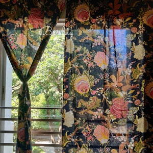 Black vintage style floral cottage curtains, bold botanical curtains with tie backs, shabby chic drapes, can be customised 画像 4