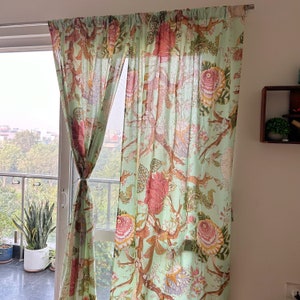 Bold botanical floral green curtains, light and breezy semi sheer curtains, can be customized with blackout lining and header, cottage core