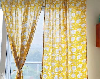 Sunshine yellow floral semi sheer airy curtains, bright curtain panels, cotton light drapes