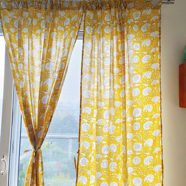 Sunshine yellow floral semi sheer airy curtains, bright curtain panels, cotton light drapes