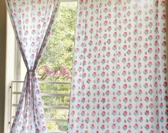 Floral block printed curtains, Bohemian curtains, Boho decor, Beach curtains, pink white curtains, sheer curtains, boho curtains