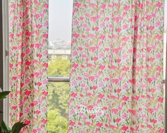 Bright pink and green floral spring summer curtains, light and airy lively yet calming cotton drapes, can be customized to any style