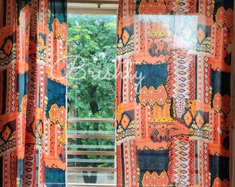 Colorful and bright eclectic orange and navy curtain panels, semi sheer breezy cotton curtains, fall autumn curtains