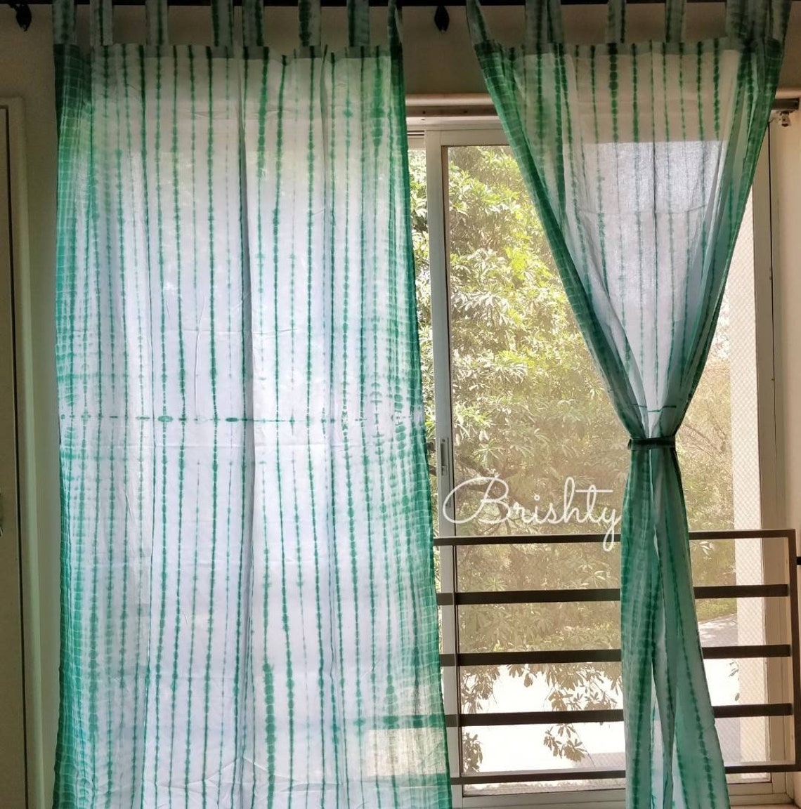 Two spring summer green boho curtain panels bohemian coastal Etsy