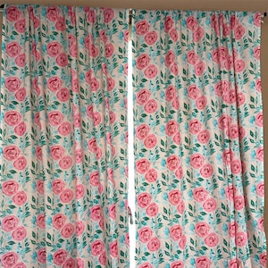Floral pink green curtains, light and airy cotton drapes, bedroom curtains, living room, bathroom curtains, can be customized to any style