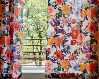 Colorful floral curtains with big bold flowers, cottage style semi sheer curtains, can be customised, cottage vintage looking hand printed