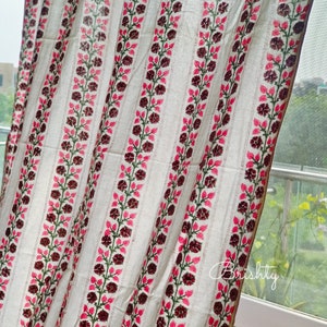 Pink floral block printed curtains, Thick cotton flowery drapes, bedroom curtains, kitchen curtains, can be customized