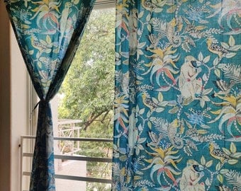Bohogordijnen tropisch regenwoud, groenblauwe jungle regenwoudgordijnen, boho gordijnpanelen, gordijnen regenwouddieren jungleprint