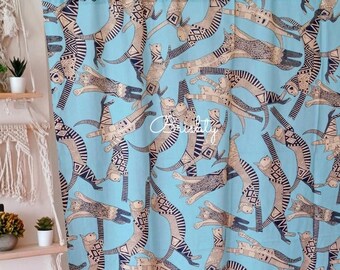 Cat Print Breezy Cotton Curtains, Aztec Cat Pattern Panels, Boho Tribal Mexican Art blue Window Drapes