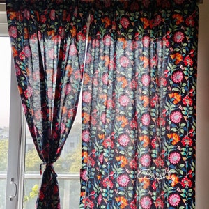 Colorful and bright black floral curtains, semi sheer breezy cotton floral drapes, can be customized to blackout curtains