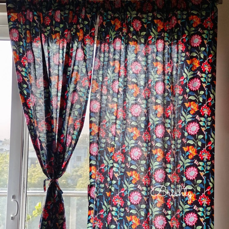 Colorful and bright black floral curtains, semi sheer breezy cotton floral drapes, can be customized to blackout curtains image 1