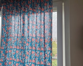 Blue floral curtains for living room, bedroom, nursery, semi sheer hand printed curtain panel