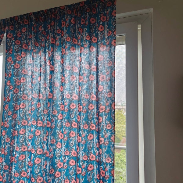 Blue floral curtains for living room, bedroom, nursery, semi sheer hand printed curtain panel