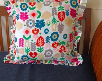 Floral pillow cover in happy colors, ruffle frill floral cushion cover, scandi print decorative ruffle pillow, can be customized