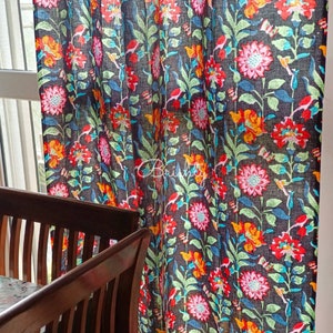 Colorful and bright black floral curtains, semi sheer breezy cotton floral drapes, can be customized to blackout curtains image 3