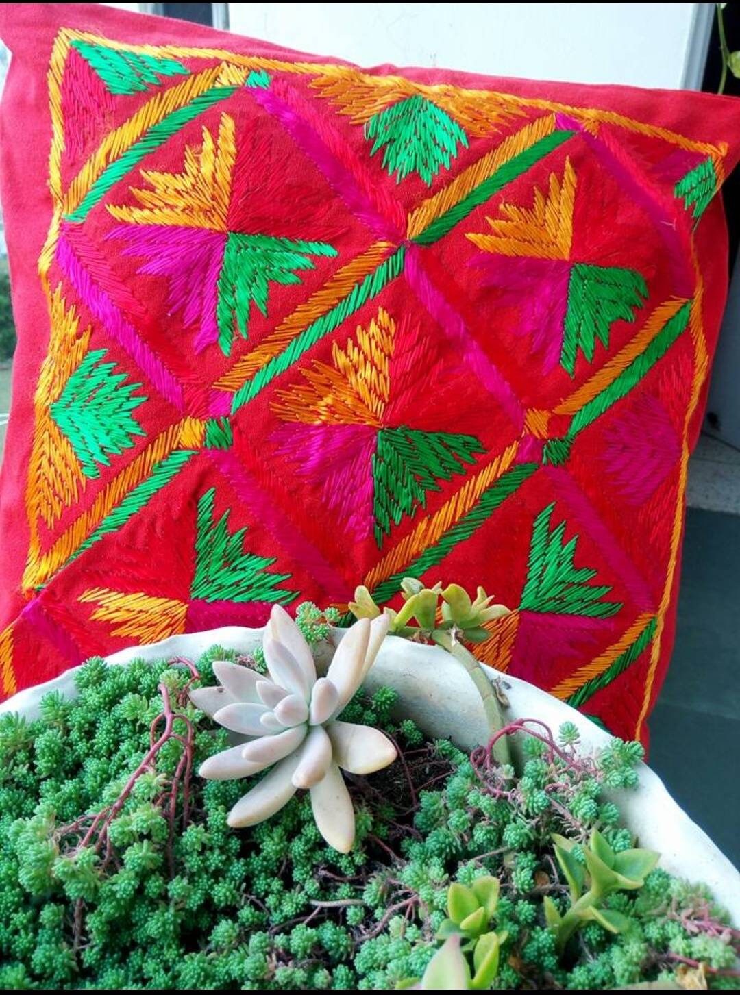 Red - Silk Cotton Phulkari Hand Embroidery Cushion Cover 08 main image 0