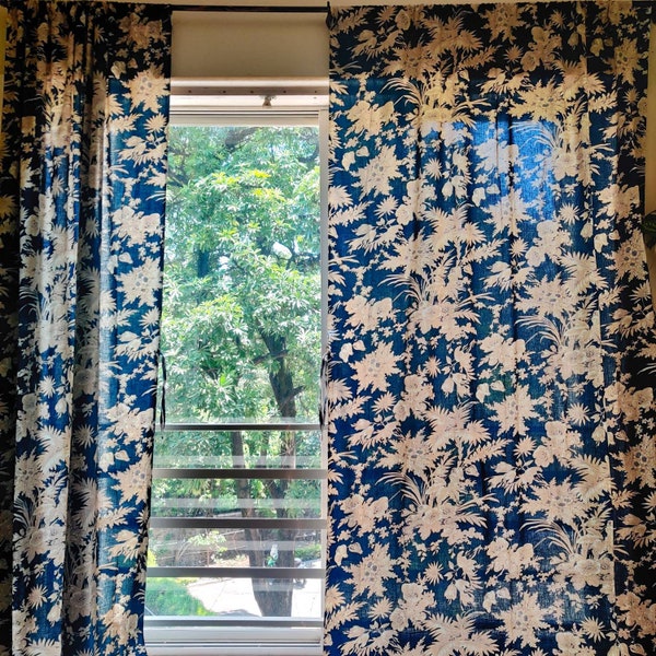 Navy blue vintage style fall autumn floral curtains, floral silhouette curtains, navy bedroom semi sheer curtains, Reduced neverbefore price