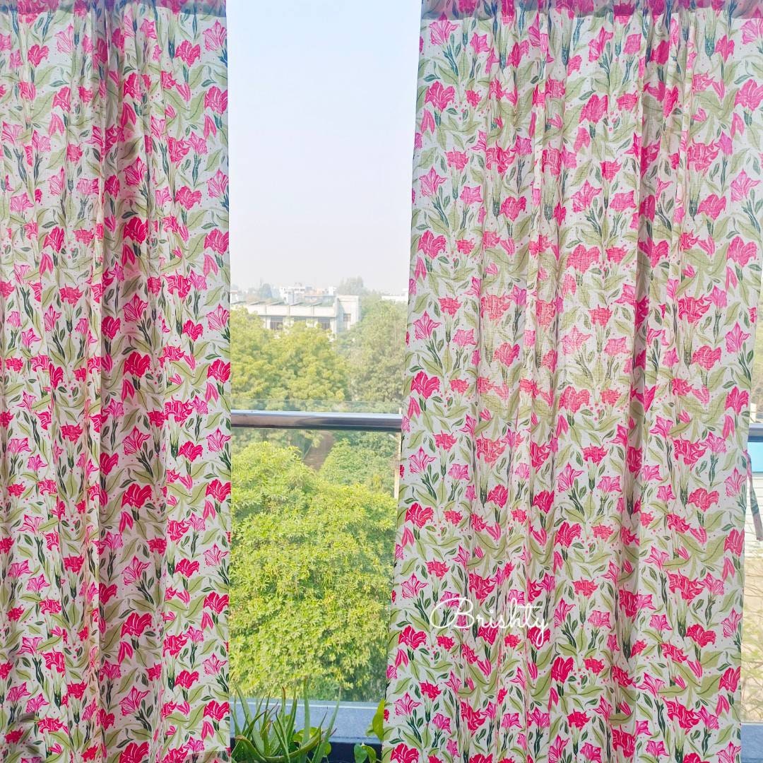 Bright Pink and Green Floral Spring Summer Curtains, Light and Airy ...