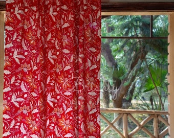 Floral cottage vintage style red curtain panels, custom made curtains, light breezy floral trail printed cotton curtain drapes