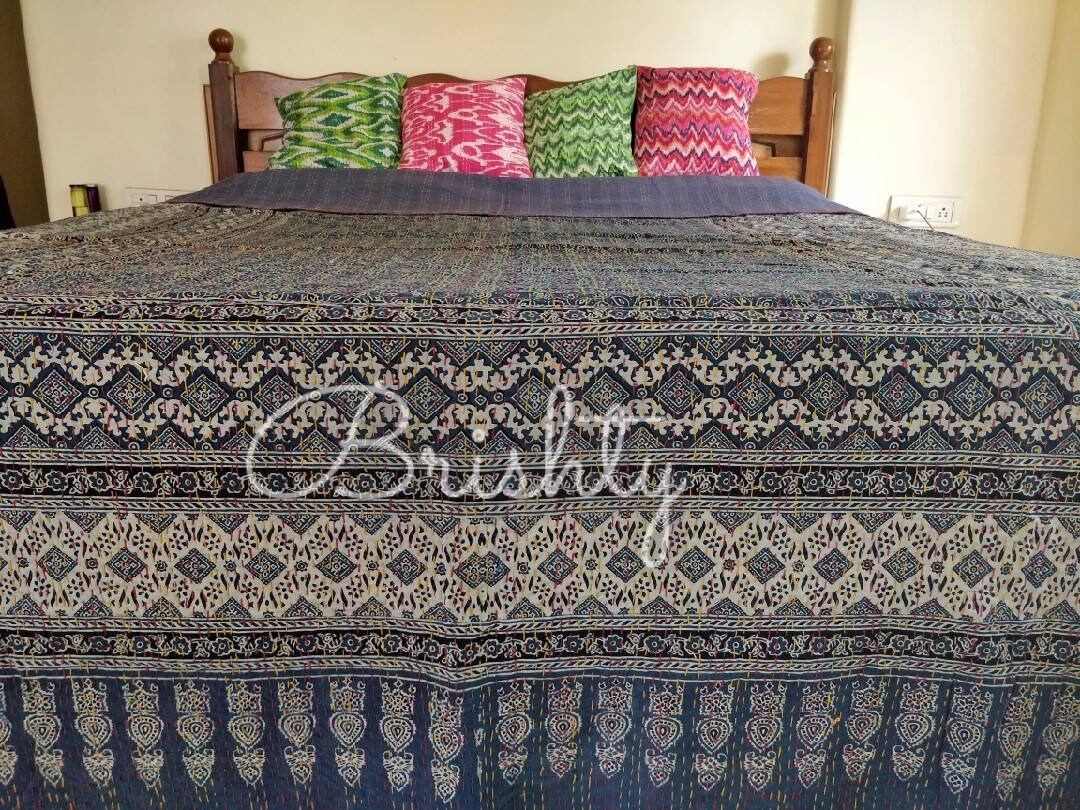 Boho indigo kantha throw quilt coverlet bedding ajrakh block Etsy