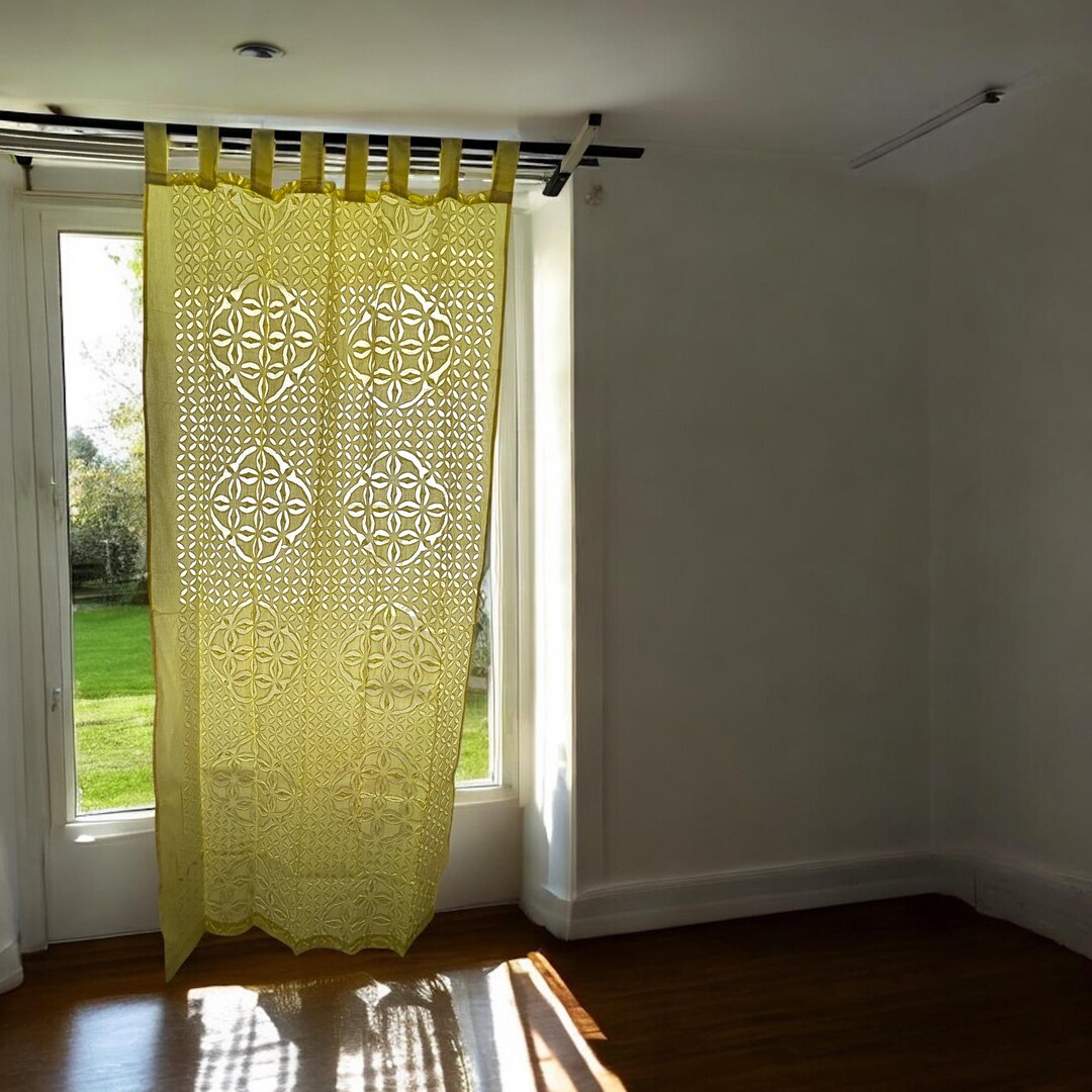 Lemon Yellow Sheer Curtain Panel, Hand Appliqué Organdy Cotton Curtain ...