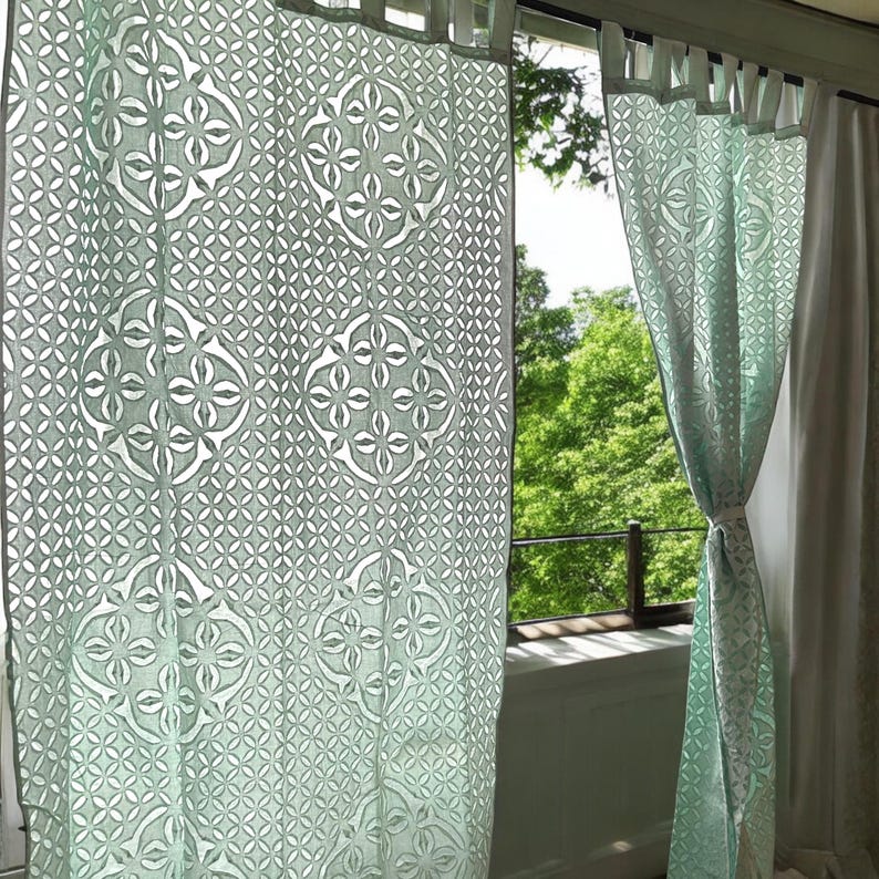 Pastel Green Applique Cut Work Curtain Panel, Pastel Curtain, Sea Green