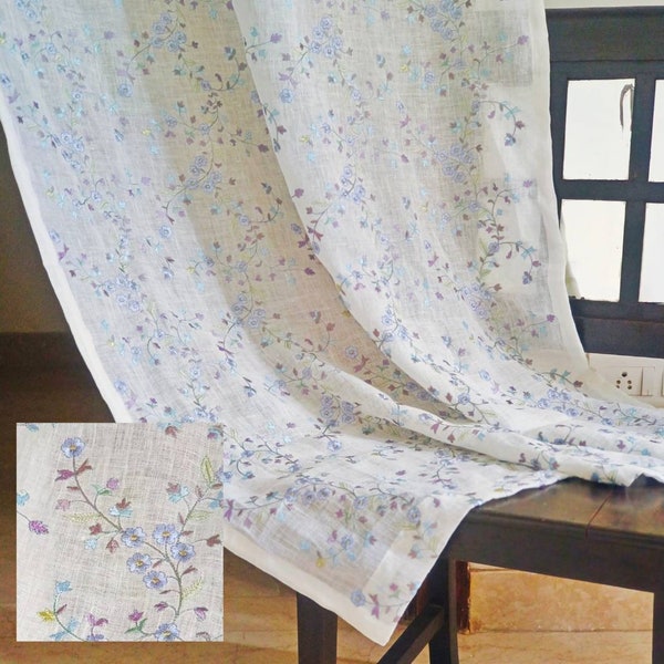 Rideau en lin avec broderie florale française lavande et bleu, panneau de rideau en lin transparent, rideaux de chambre à coucher en lin blanc, peut être personnalisé