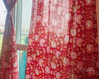 Red floral semi sheer cottage style curtains