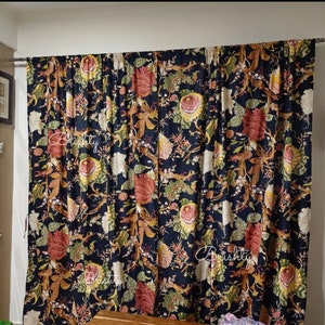 Black vintage style floral cottage curtains, bold botanical curtains with tie backs, shabby chic drapes, can be customised 画像 7