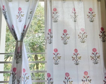 Floral block printed sheer curtains with border, spring summer breezy light floral curtains, semi sheer white pink floral panels