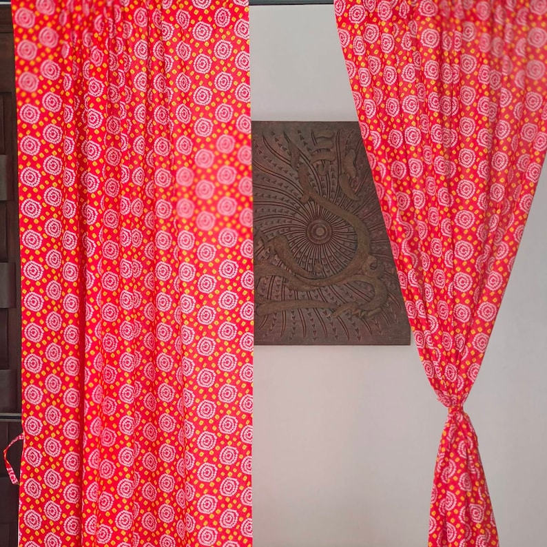 Colorful Indian bandhani print red and yellow curtain, Indian fabric drapes, semi sheer lightweight cotton curtain, can be custom made image 2