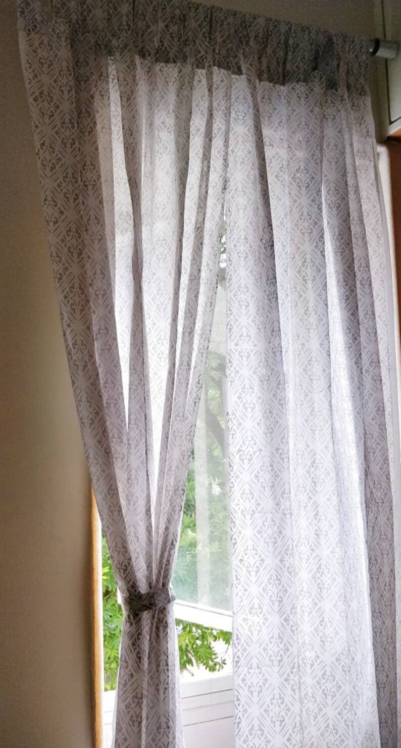 Set Of Two Gray Block Printed Curtains Bohemian Curtains Etsy