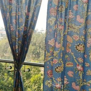 Powder blue semi sheer curtain with hand printed floral trails, nature inspired curtains, breezy cotton drapes, can be customized