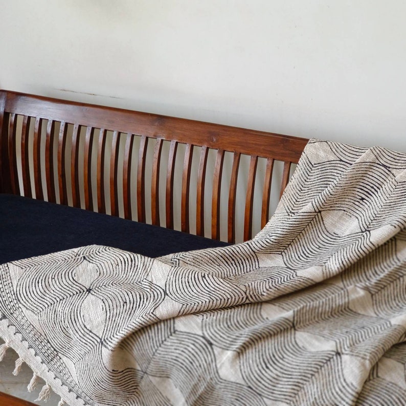 Hand woven and hand printed abstract throw blanket for couch, neutral minimalist decor image 1