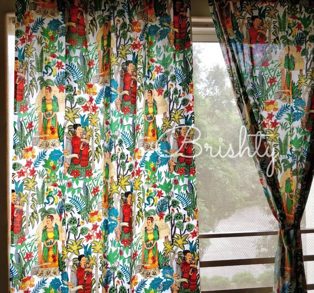 Frida Kahlo boho curtains home decor TWO PANELS Pure Fabric Panel Birds Flowers 
