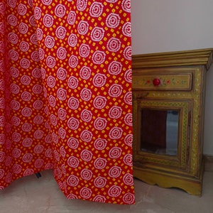 Colorful Indian bandhani print red and yellow curtain, Indian fabric drapes, semi sheer lightweight cotton curtain, can be custom made image 1