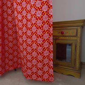 Colorful Indian bandhani print red and yellow curtain, Indian fabric drapes, semi sheer lightweight cotton curtain, can be custom made