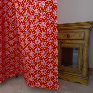 Colorful Indian bandhani print red and yellow curtain, Indian fabric drapes, semi sheer lightweight cotton curtain, can be custom made image 1