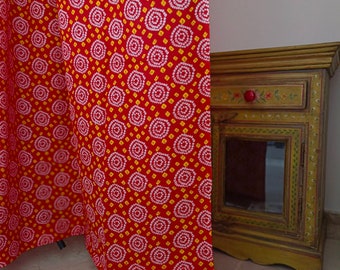 Colorful Indian bandhani print red and yellow curtain, Indian fabric drapes, semi sheer lightweight cotton curtain, can be custom made