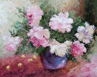 Original oil painting on canvas Peonies and cherries