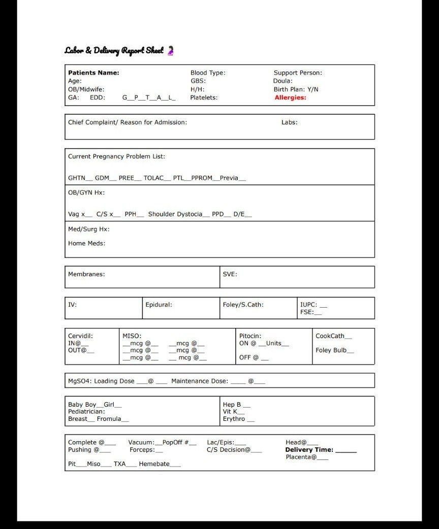 Labor and Delivery Nursing Report Sheet ONE Page - Etsy