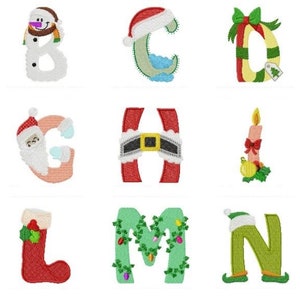May include: A collection of embroidered Christmas-themed letters, each uniquely designed. The letters are decorated with festive elements like holly, Santa hats, and candy canes. The color palette includes green, red, white, and gold.