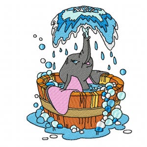 DUMBO BATHING - Single Machine Embroidery Design for 5x7" hoop in 7 formats **Read Description**